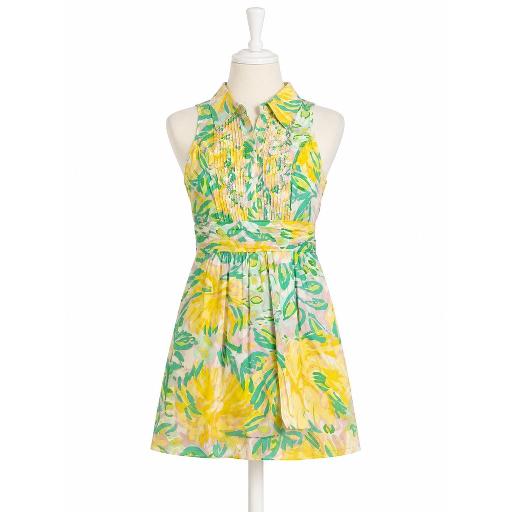 Lilly Pulitzer Essie Dress Womens 2 Yellow Floral Excellent Ruffle Sleeveless